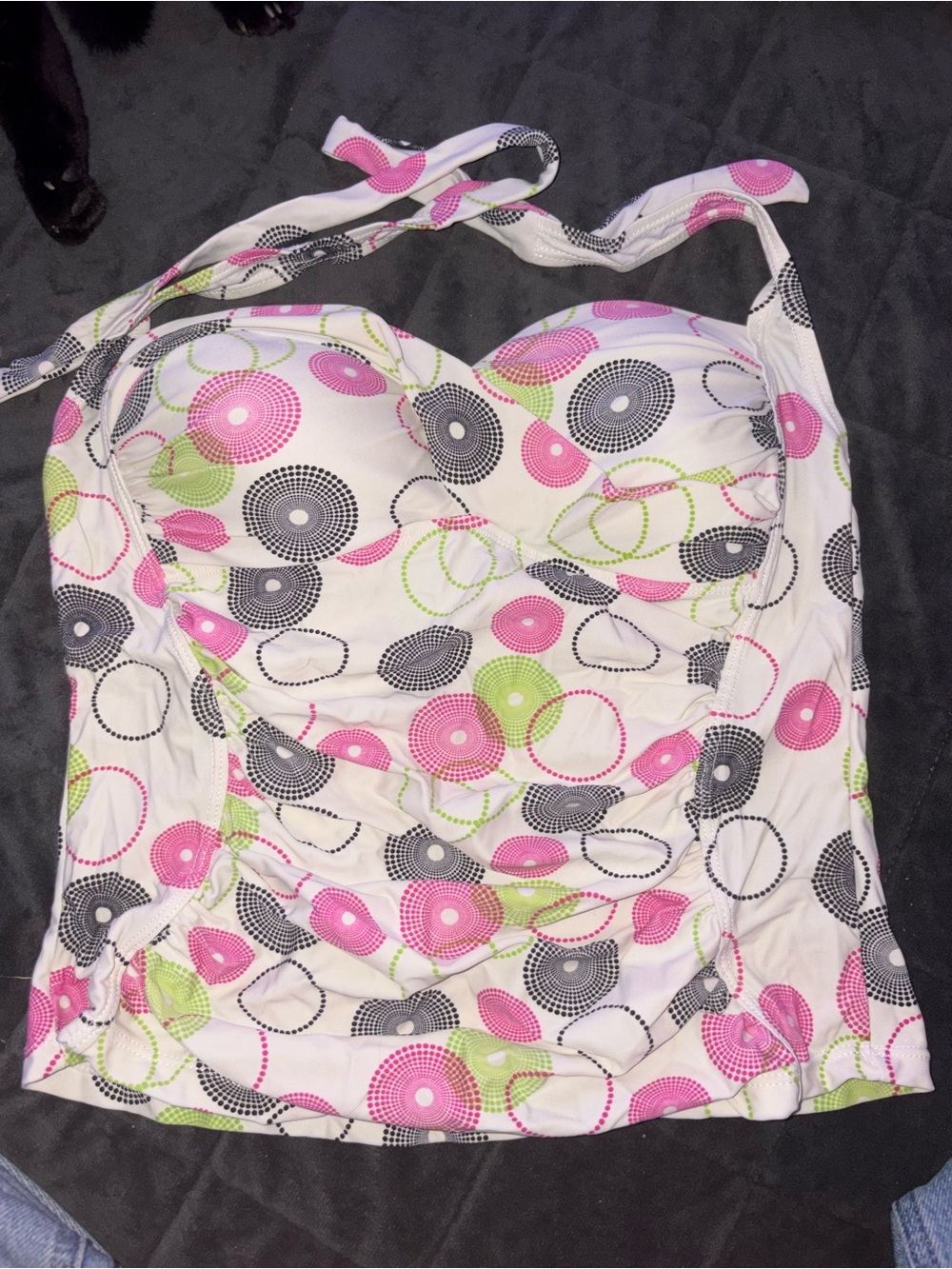 White Halter Tankini Top with Pink, Lime & Black Circles